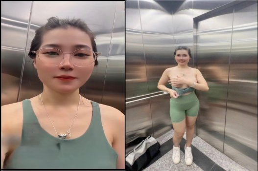 Lan Anh mút kẹo to dài khi đi thang máy